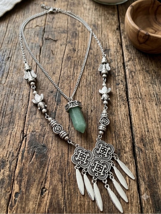 Artisan Jewelry - Aventurine antique Vintage Silver-Tone Pendant Layered Necklace